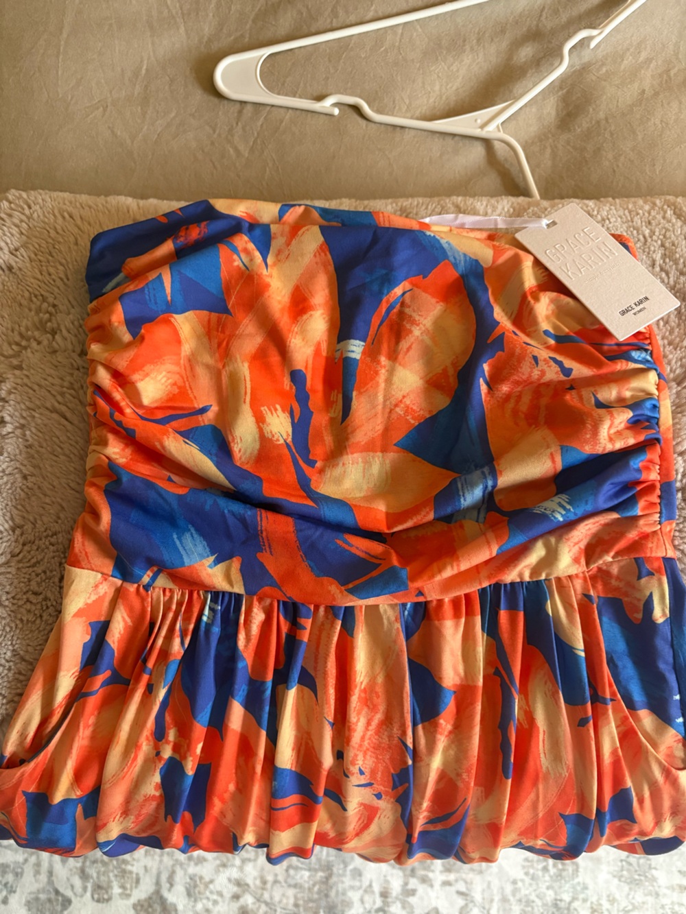 NWT Strapless Floral Print Dress in Orange & Blue